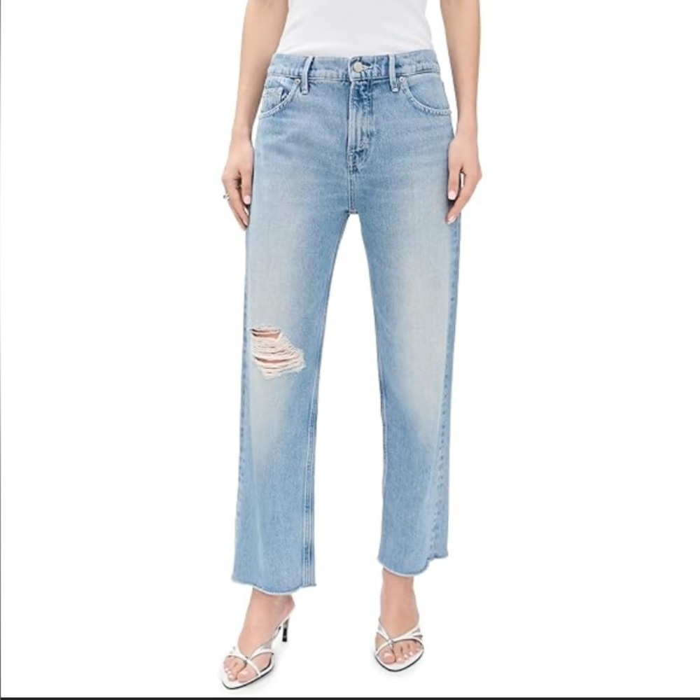 Mid rise good American straight leg jeans denim light wash distressed 16 $130